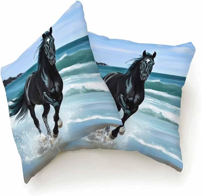 Pillowcase Freedom Black Arabian Horse Through Splashes of Water Seaside Set of 2 Square,Throw Pillow Covers Decorative for Couch and Bed for Boy Girl 18X18 Inches