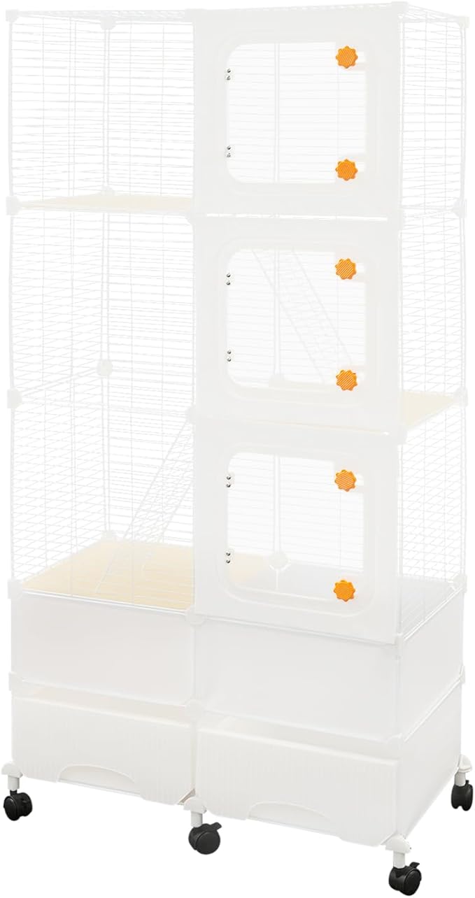 Small Animal Cage, Guinea Pig Cages with Rolling, Durable Front Doors, Chinchilla Cage with Scoop for Rat, Hamster, Guinea Pig, Squirrel (White, 61in)
