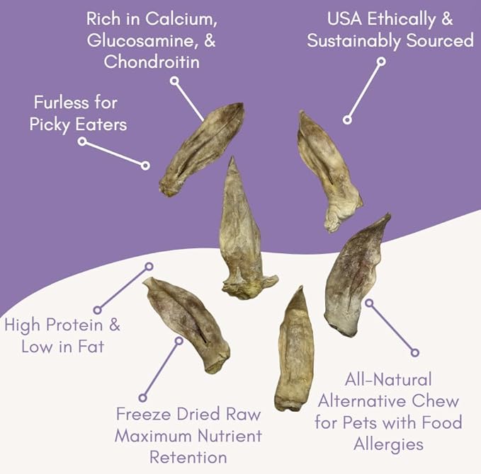 Freeze Dried Rabbit Ears Dog Treats - Furless Rabbit Ears for Dogs & Cats - Healthy Dog Treats - High Value - Single Ingredient- Crunchy
