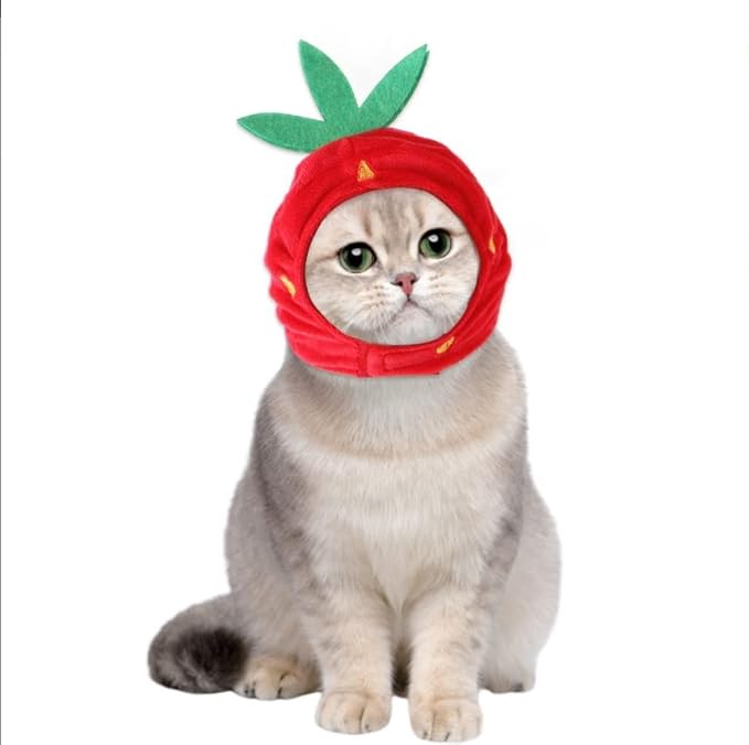 Cat Dog Strawberry Hat, Plush Material Adjustable Comfortable Pet Costume Decoration Headgear for Daily Wear Birthday Party