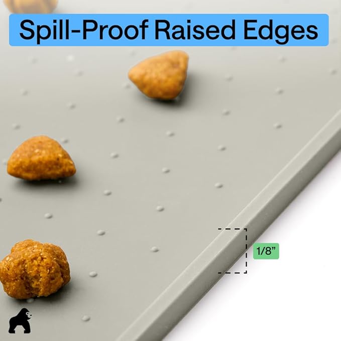 GORILLA GRIP 100% Waterproof Raised Edge BPA Free Silicone Pet Feeding Mat, Dog Cat Food Mats Contain Spills Protects Floors, Placemats for Cats, Dogs Water Bowl, Pets Accessories 28x18 Light Gray