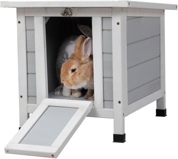 SANDINRAYLI Outdoor Cat House Weatherproof, Wooden Rabbit Hutch Bunny Cage Chicken Coops Shelter with Elevated Floor for Feral Cat/Bunny/Guinea Pig/Duck, Grey