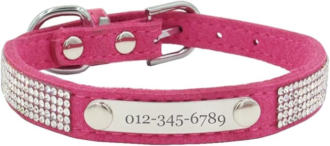 THAIN Rhinestones Personalized Dog Cat Collar Bling Diamond with Engraved Stainless Steel Nameplate for Small Medium Large Dogs (Rose Red, XS)