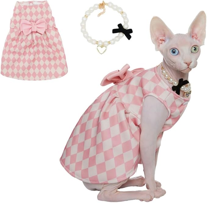 Sphynx Cat Pink Sleeveless Bow Dress with Pearl Necklace Set, Cute & Stylish Pet Apparel for Daily Wear, Cute Dress for Cats and Puppy (Small (2.5-3.5 lbs))