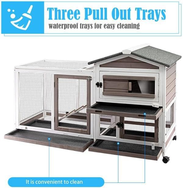 Ketive Rabbit Hutch Indoor Outdoor Two Story Bunny Hutch with Wheels Guinea Pig Cage with Removable No Leaking Tray Wooden Pet House