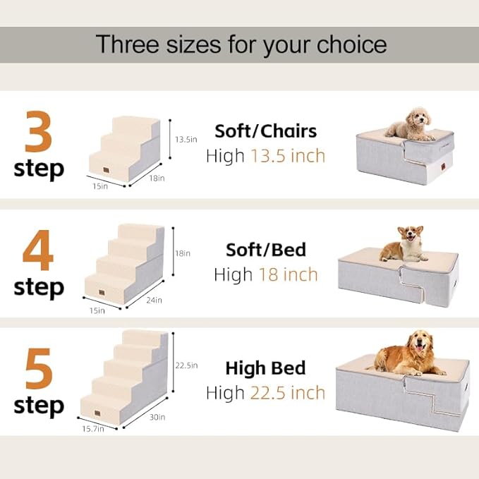 Dog Stairs for Small Dogs, 13.5" H, 3-Step Pet Steps for Couch Sofa and Chair, Non-Slip Balanced Pet Ramp for Medium Cats,Indoor Dog Ladder, Beige