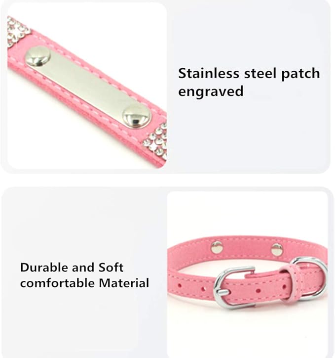THAIN Rhinestones Personalized Dog Cat Collar Bling Diamond with Engraved Stainless Steel Nameplate for Small Medium Large Dogs (Rose Red, XS)