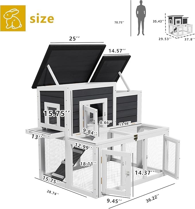 Outdoor Rabbit Hutch for 2-4 Chickens Wooden with Waterproof Asphalt Roof, Ramp, Openable Top Pull-Out Tray Suitable for Suitable for Indoor and Outdoor Use. (White Black)