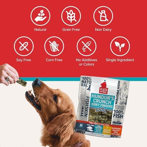 PLATO Pet Treats Fish Dog Treats - Air-Dried, Single Ingredient Dog Treat - with Omega 3 & 6 Fatty Acids to Support Skin and Coat - Cod Fish Skin - Hundur’s Crunch Jerky Fingers - 10 oz - 2 Pack