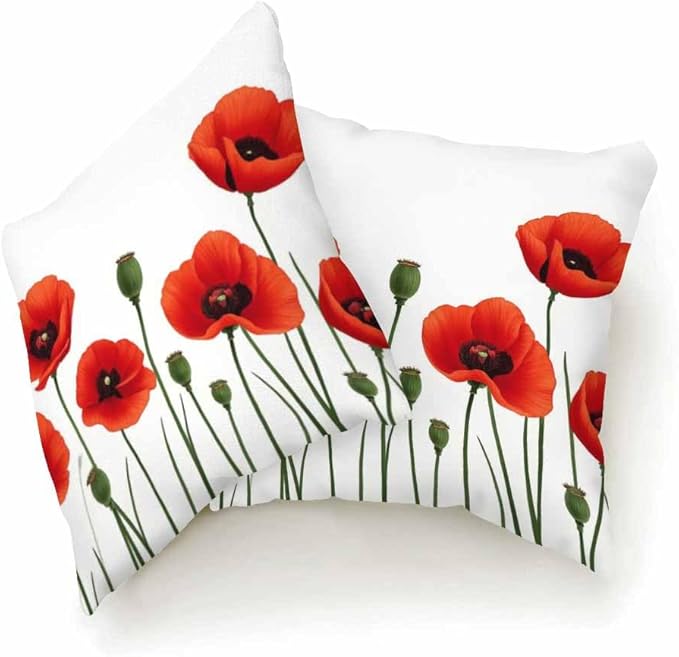 Throw Pillow Covers Red Poppies Field and Green Bud Watercolor Soft Square Pillowcase,Cushion Case for Couch Sofa Bed Bedroom Car Living Room 18X18 Inch Pack of 2