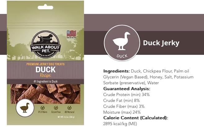 Walk About Pet, WA10049, Dog Jerky Treats, Grain-Free, Gluten-Free, Single Source Protein, Duck Recipe, Resealable Pouch, 5.5 Ounces