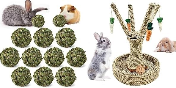 Hamiledyi Bunny Chew Toys Rabbit Rattan Grass Scratcher Climbing Tree Fun Tree Carrot Play Toys for Small Animal Guinea Pig Tooth Cleaning Hamiledyi 10 Pcs Rabbit Chew Ball Timothy Grass Ball
