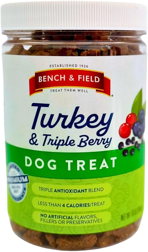 Bench & Field Holistic Natural Turkey & Triple Berry Dog Treats (Pack of 3) | Crunchy Bone-Shaped Bites | Antioxidant Blend, (3) 10-Ounce Bottles