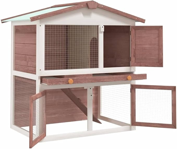 Solid Pine Wood Rabbit Hutch Outdoor Brown Rectangular Large Cage for Rabbits Bunny Hutch with Weatherproof Design Escape-Proof Latches Easy Assembly 37x37x38.6 Inch