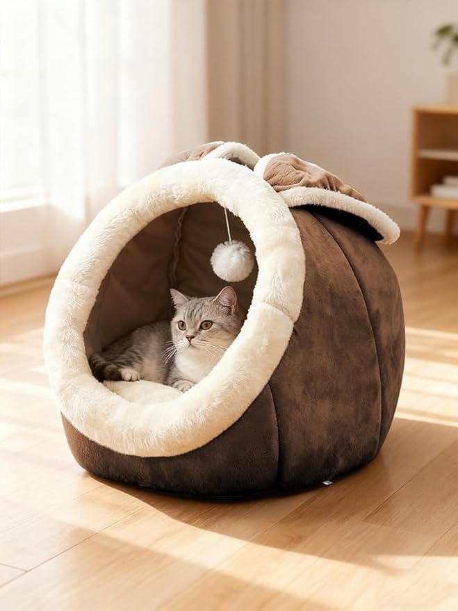 Lcybem Cat Beds for Indoor Cats - Rabbit-Shaped Cat Cave Bed with Hanging Toy,Super Soft Calming Pet Bed for Kitten,Small Dog