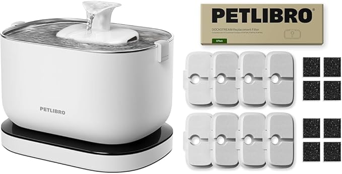 Bundle of PETLIBRO Cat Water Fountain with 8 Packs Pet Fountain Filters & Sponges, 2.5L/84oz Dockstream Water Fountains for Cats Indoor, Cat Fountain with Stainless Steel Tray,