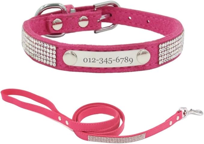 THAIN Rhinestones Personalized Dog Cat Collar Bling Diamond with Engraved Stainless Steel Nameplate for Small Medium Large Dogs (Rose Red Set, S)