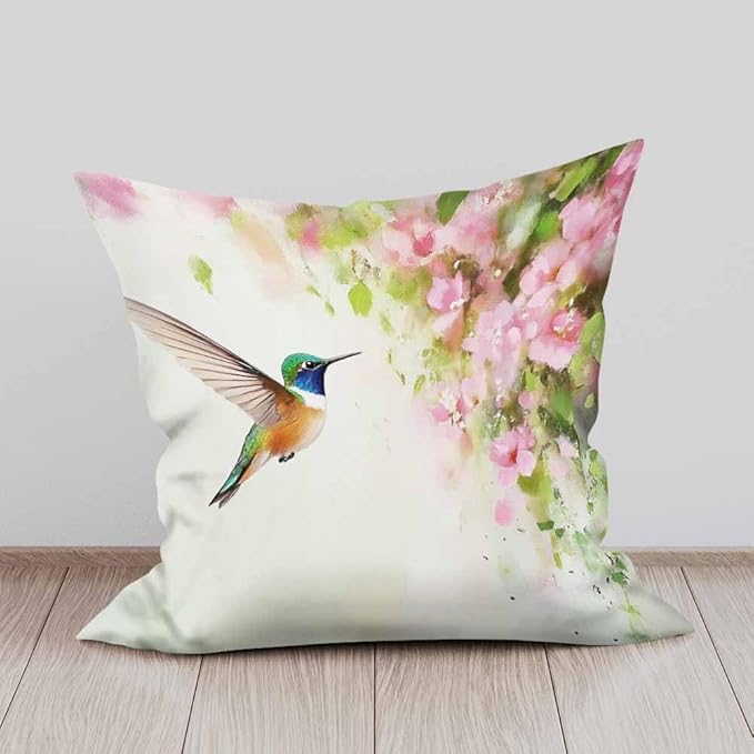 Pillow Covers Flying Hummingbird and Pink Flowers Oil Painting 18X18 Inch,Throw Pillow Covers Decor for Couch Bedroom Living for Men Women Pack of 2