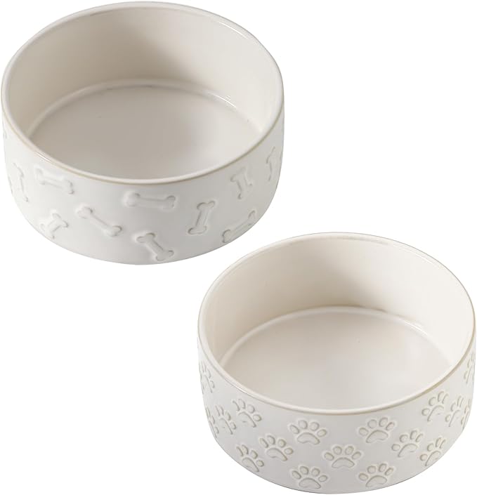 UBEE Ceramic Dog Bowl Set of 2, 5.1 inch Dog Food Bowl Dish, Pet Food Water Dish Feeding for Small Dogs and Large Cat, Bone + Paw Pattern, 5.1 in-Small, White
