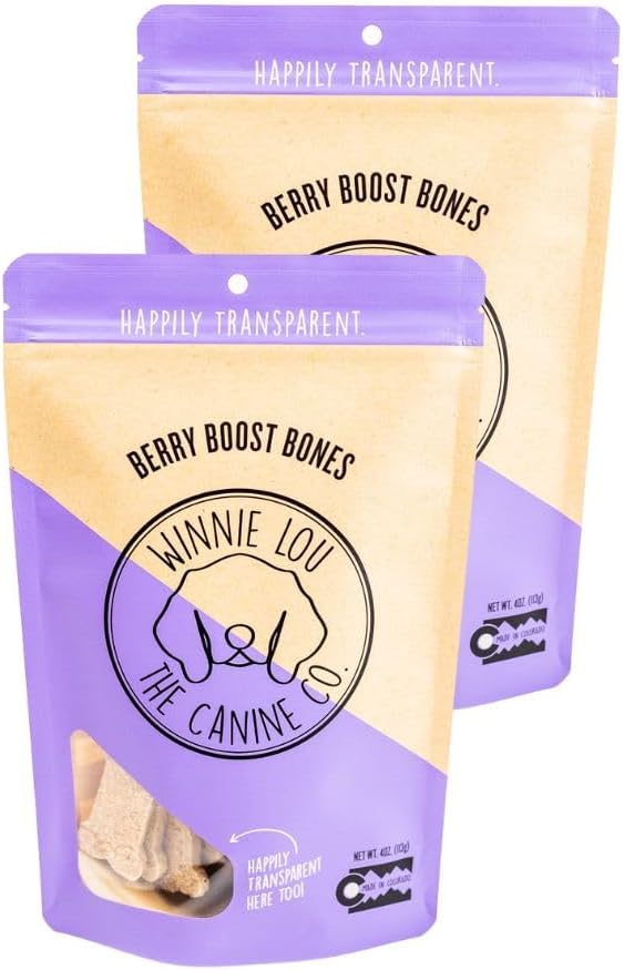 Winnie Lou Organic Dog Treats – Natural Dog Biscuits, USA Made, Organic Ingredients, Clean, Sensative Stomach, All Breed Sizes, High Protein, Hypoallergenic, Berry Boost Bones (Pack of 2)