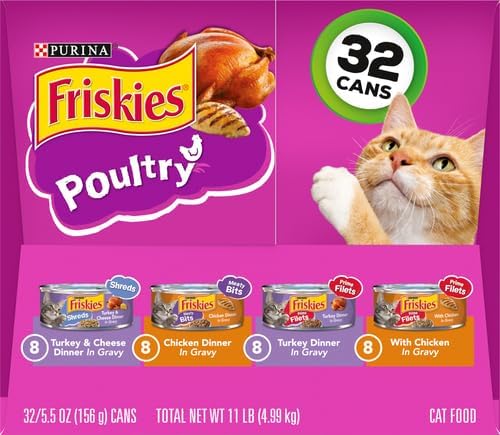 Friskies Purina Gravy Wet Cat Food Variety Pack, Poultry Shreds, Meaty Bits and Prime Filets - (Pack of 64) 5.5 oz. Cans