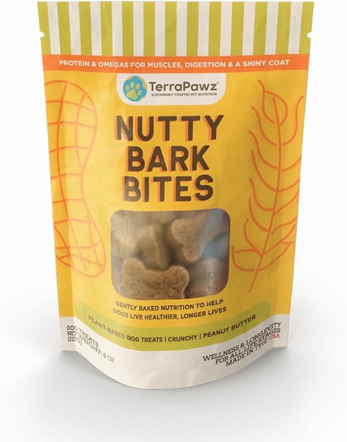 TerraPawz Vegan Dog Training Treats – Peanut Butter Flavor, Plant-Based Nutty Bark Bites with Chia & Flaxseed for Skin & Coat, Omega-Rich Treats for All Dog Sizes Including Large Breeds (8 oz)