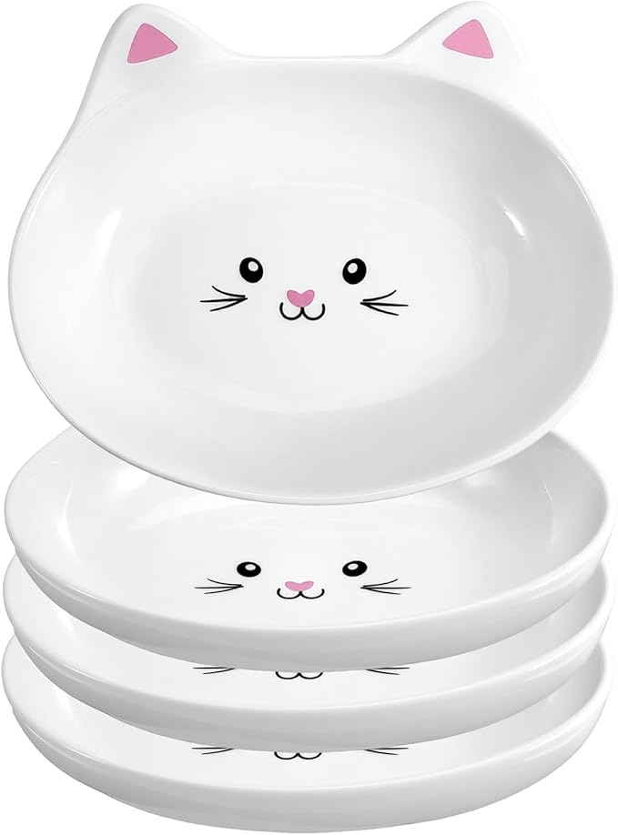 4 Pack Ceramic Cat Food Bowls, 5.9 Inch Whisker Fatigue Cat Bowl Wide Cats Food Bowls Set with Cute Pattern, Whisker Friendly, Microwave and Dishwasher Safe Indoor Feeding Dishes for Small Pets