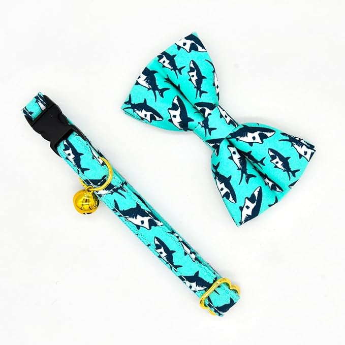 Oceanic Sharks Cat Breakaway Collar Bow Tie with Bell, Wedding/Birthday Cat Accessories