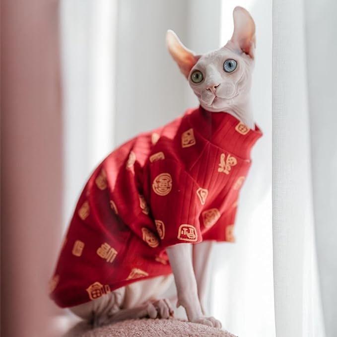 Traditional Culture Sphynx Hairless Cat Cotton T-Shirts Cat Clothes Pet Sweater Cat Vest Pet Clothes Kitten Shirts Cats & Small Dogs Apparel (Fu Means Lucky and Happy, XXL (13-15 lbs))