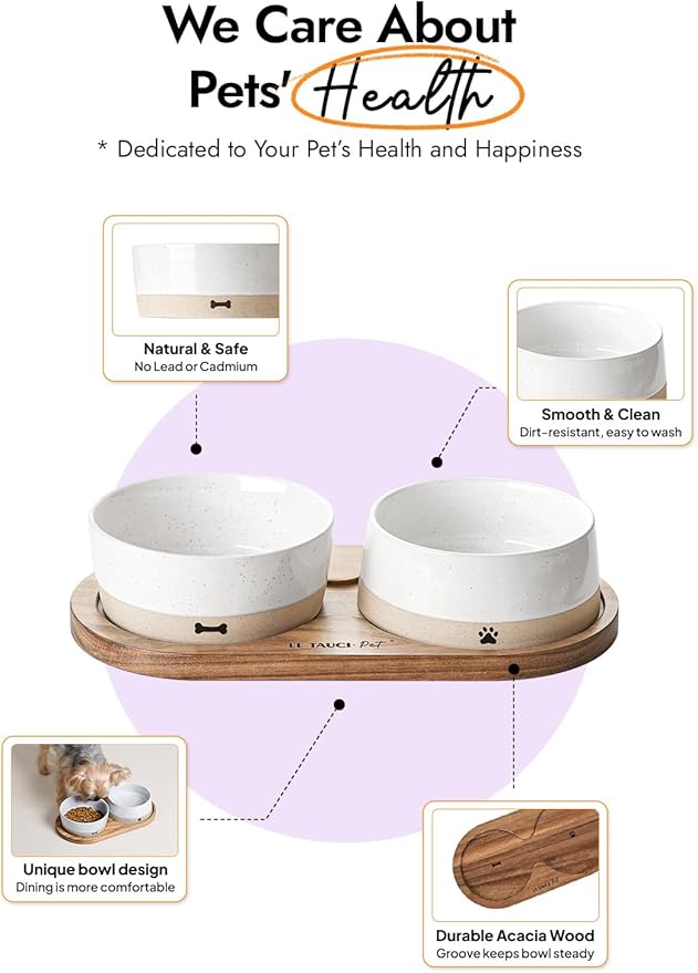 LE TAUCI PET Ceramic Dog and Cat Bowls Set with Acacia Wood Tray - 2 Cup Weighted Non-Slip Food and Water Dishes for Small Dogs & Cats, Pet Bowl Set of 2