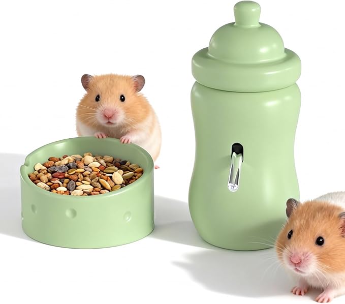Ceramic Hamster Water Bottle with Stand and Food Bowl Set, Anti Flipping Food Dish and Water Dispenser for Dwarf Hamster Gerbils Syrian Hamster Mice Rats Accessories for Cages (Green)