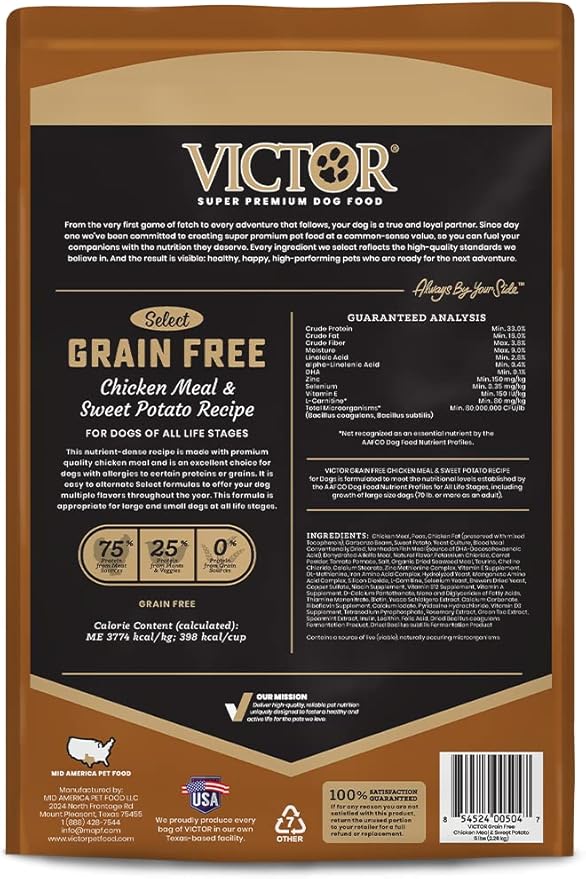 VICTOR Super Premium Dog Food – Grain Free Chicken Meal & Sweet Potato Recipe – 33% Protein, 16% Fat – Dry Dog Food For Dogs of All Life Stages – High Protein Kibble For All Normally Active Dogs, 5 lb