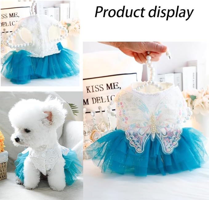 ANIAC Butterfly Dog Dress with Blue Tutu Funny Pet Clothes with Wing Girl Puppy Dress for Small Dogs Pet Butterfly Costume Holiday Cat Outfit for Halloween Birthday Wedding (Lake Blue, Small)