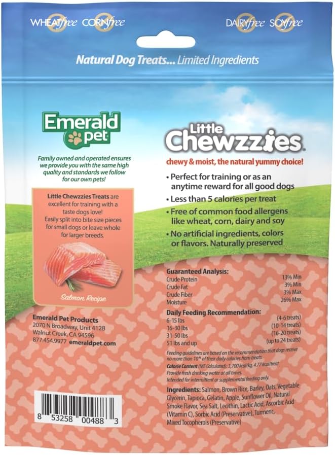 Emerald Pet Little Chewzzies Wheat Free Training Dog Treats — Healthy and Tasty Natural Dog Chews with Real Meat or Peanut Butter — Limited Ingredient Dog Treats Made in The USA — Salmon, 5 oz