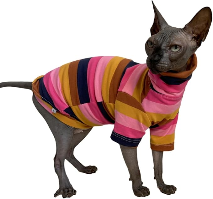 Vintage Stripes Sphynx Hairless Cats Shirt Cotton Cat Turtleneck Pet Clothes Kitten T-Shirts with Sleeves for Sphynx Cornish Rex, Devon Rex, Peterbald (Moning Glory, Small (Pack of 1))