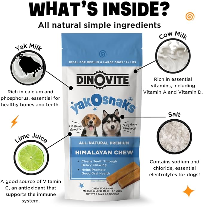 Dinovite YakoSnaks Himalayan Yak Cheese Himalayan Dog Chews, Long Lasting Yak Chews for Dogs, Low Odor Himalayan Dog Chews, Natural Yak Cheese Treats for Medium/Large Dogs, 2 Count