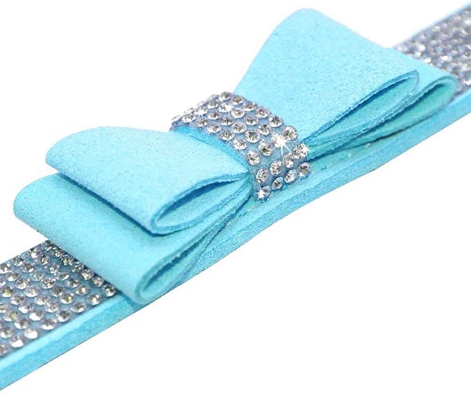 Cute Dazzling Sparkling Elegant Fancy Soft Suede Leather Bling Rhinestone Crystal Jeweled Pet Cat Dog Puppy Collar Dog Leash Combo Set (XS, Blue-1)