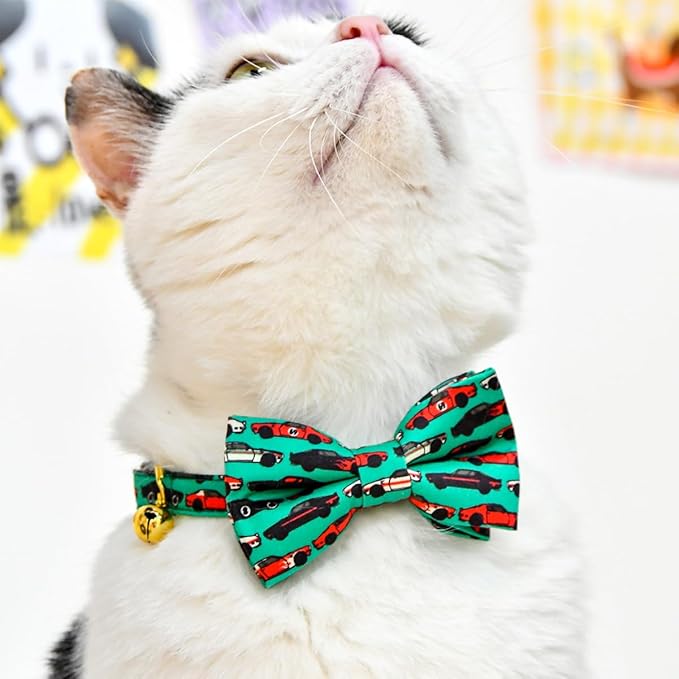 Cat Collar Bow Set, Green Muscle Classic Racing Car, Wedding/Birthday Breakaway Collar Bowtie for Kitten/Cat