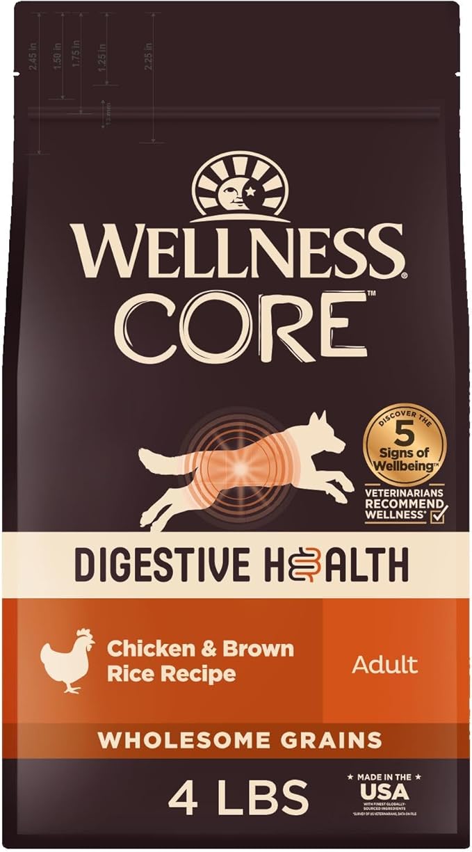 Wellness CORE Digestive Health Dry Dog Food, Wholesome Grains, Natural, Recipe for Dogs with Sensitive Stomachs, Chicken, (4-Pound Bag)