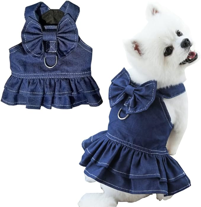 ANIAC Denim Dog Dresses for Small Dogs Puppy Girl Clothes with Leash Ring and Cute Bow Knot Summer Cat Apparel with D-Ring Blue Girl Dog Clothes (Dark Blue,XX-Large)