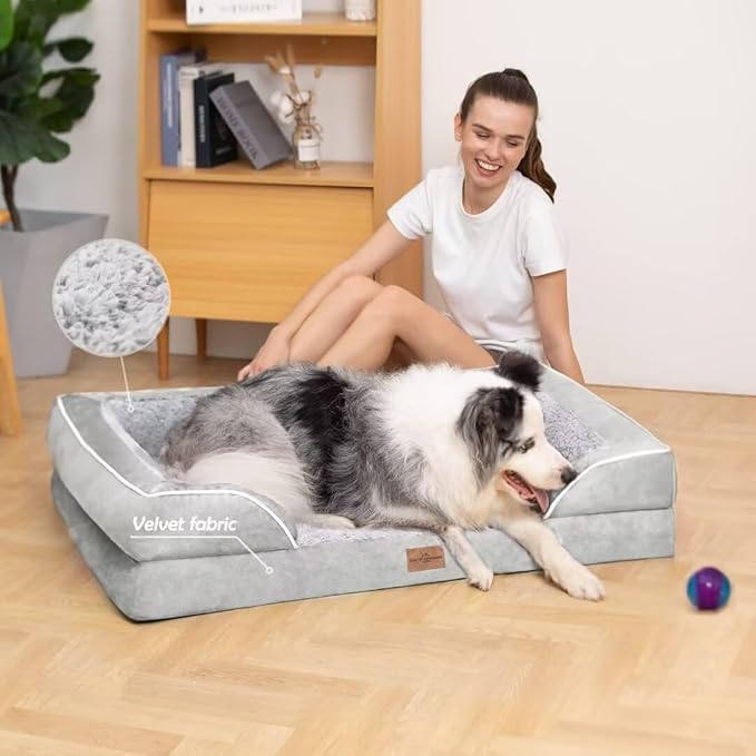 Comfort Expression Orthopedic Dog Bed for Extra Large Dogs 42x30 Inch, Waterproof Egg Crate Foam XL Pet Bed with Removable Bolsters, Dog Couch with Washable Cover & Non-Slip Bottom, Grey White