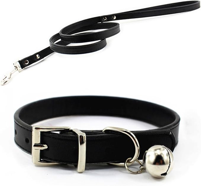 Metal Buckle Pet Collar and Leash Set with Bell Suit for Cats or Puppy Dogs White/Black/Red/Pink/Blue/Brown (M (Collar + Leash), Black)