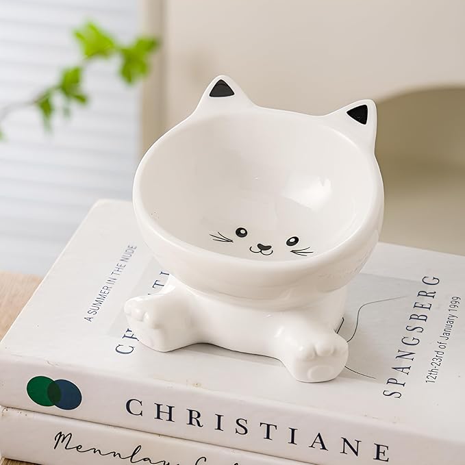 Raised Cat Bowl, 4.9 Inch Ceramic 3D Elevated Cat Food Bowl and Water Bowls, Cute Kitten Dishes 4.5 OZ, Anti-Vomiting & Whisker Fatigue Friendly, Stress-Free for Indoor Cats, 1 Piece