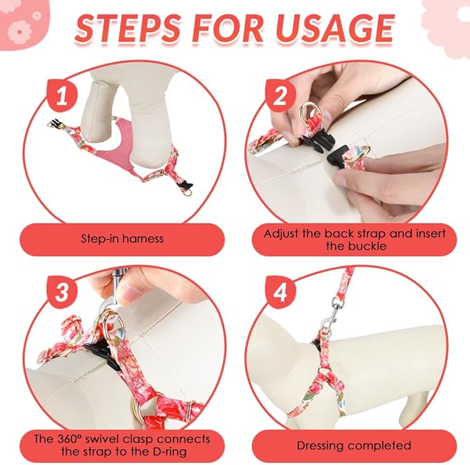 SlowTon Dog Harness Small Sized Dog - Soft XXS Dog Harness and Leash Set No Pull No Chock, Adjustable Lightweight Puppy Harness for XS Small Medium Dogs Cats (Pink Rose, M)