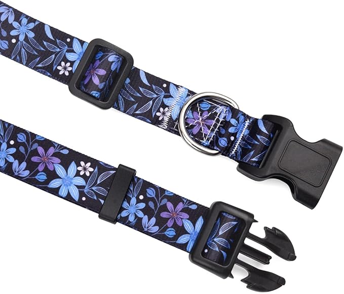 Dog Collar and Leash Set with Bohemia Floral Tribal Geometric Patterns - Soft Ethnic Style Collar Adjustable for Small Medium Large Dogs(Blue Floral Set,L)
