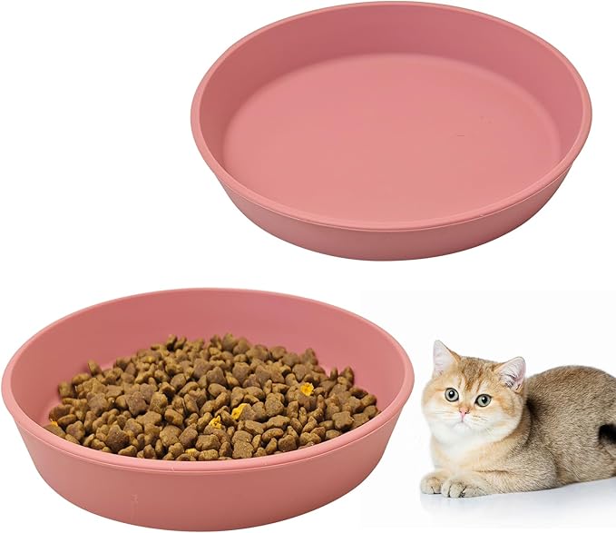 BNOSDM Silicone Cat Food Plate 2 Pack Shallow Dog Bowl Flat Puppy Feeding Dish for Small Dogs and Cats Whisker Fatigue Pet Plates for Dry and Wet Food (Rose Red)