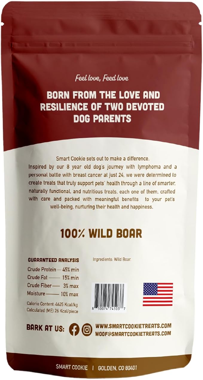 Smart Cookie 100% Wild Boar Jerky Dog Treats - Single Ingredient Hypoallergenic Training Treat Strips for Dogs and Puppies with Sensitive Stomachs - 100% Boar Meat, Grain Free, Made in USA - 3oz