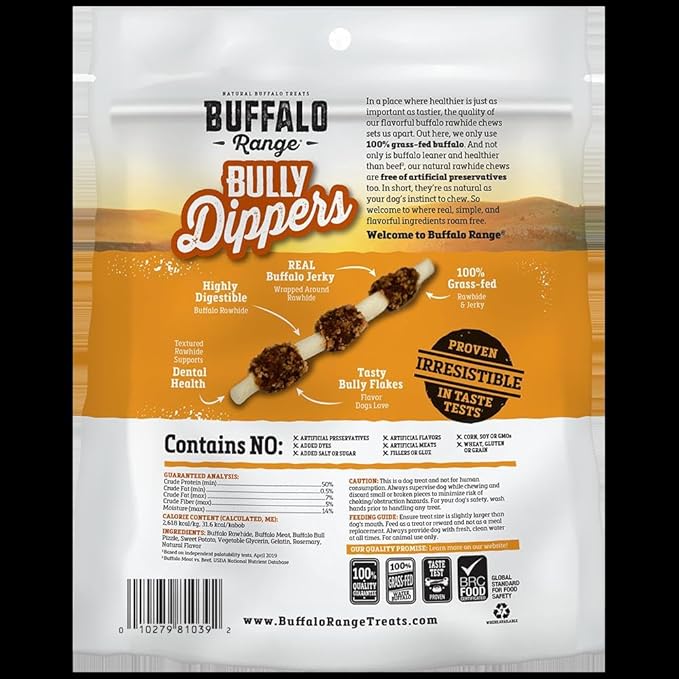 Buffalo Range Rawhide Dog Treats | Healthy, Grass-Fed Buffalo Jerky Raw Hide Chews | Hickory Smoked Flavor | Jerky Kabob with Bullypiece | 12 Count