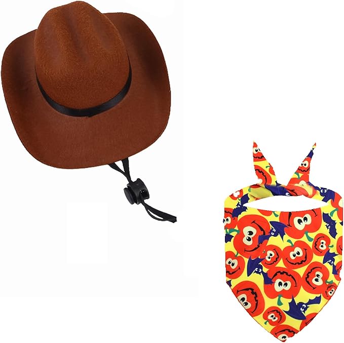 Pet Cowboy Hat with Bandana – Adjustable Western Costume for Dogs, Soft Breathable Fabric, Perfect for Halloween, Photo Shoots & Parties (Small/Medium)