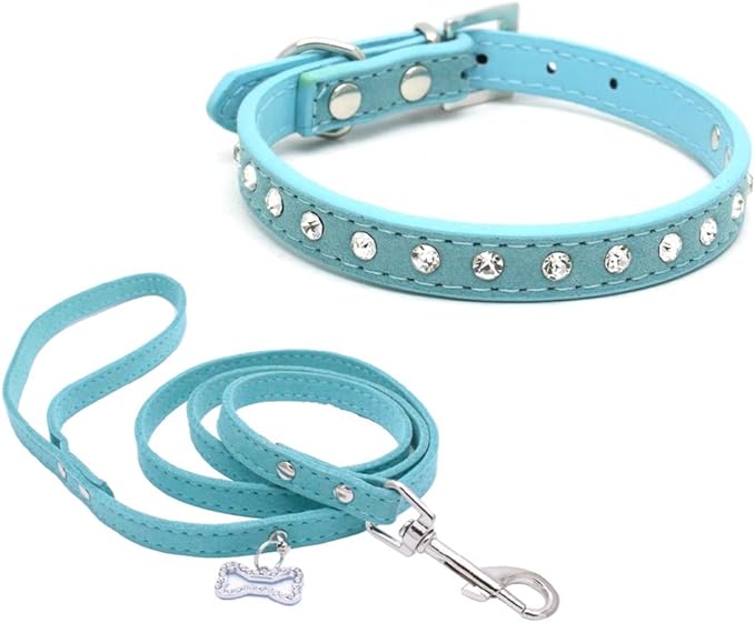 Dogs Kingdom 10 "-16.5" Total Length Suede Skin Jeweled Rhinestones Pet Dog Collar Leash Set Sparkly Crystal Diamonds Studded Leather Puppy Dog Cat Collar Leash Set Blue M